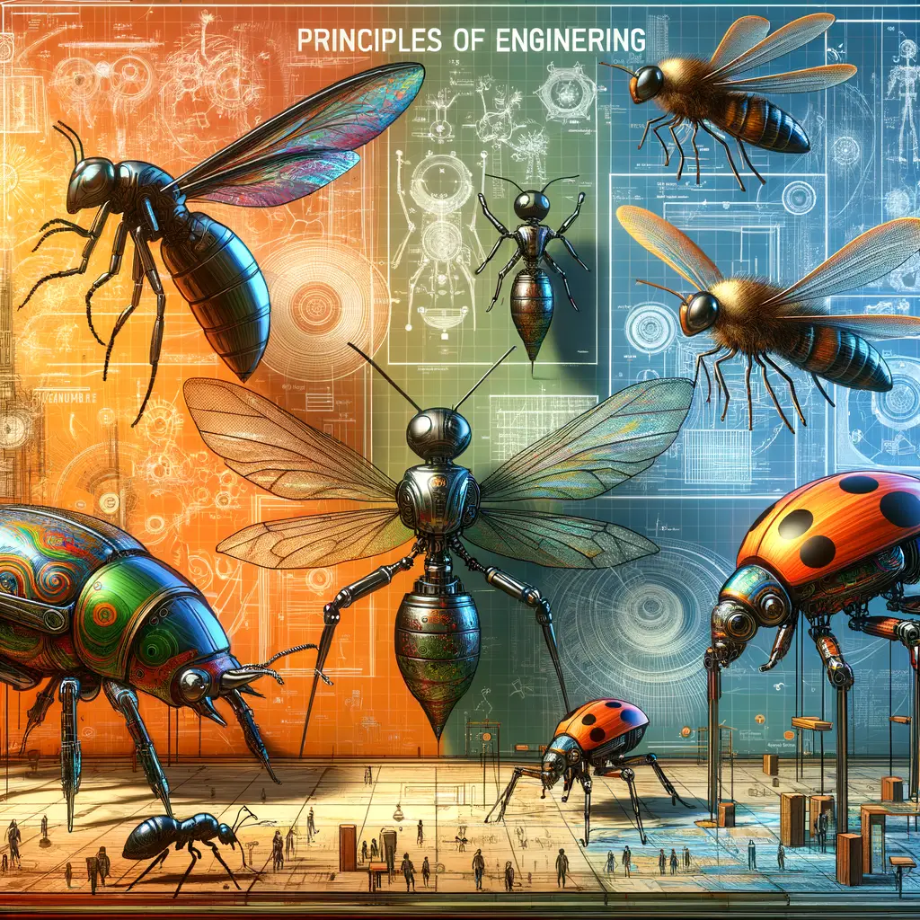 Insect-inspired robotics including bio-mimetic robots resembling ants, beetles, and dragonflies, showcasing engineering principles derived from insects and biomimicry in engineering.