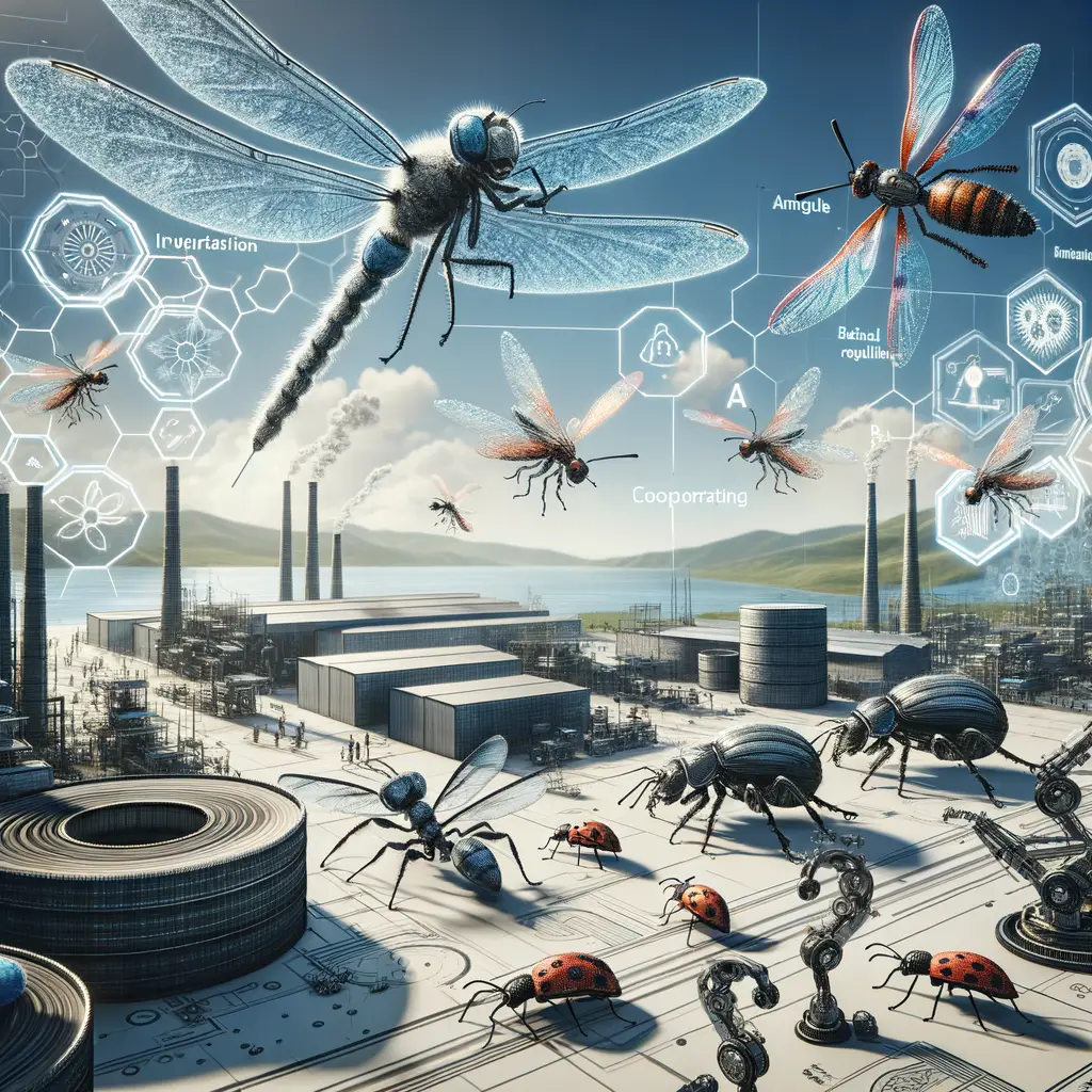 Insect-inspired technology advancements featuring drones mimicking dragonflies, ant-like robots in production lines, and beetle shell resilience in materials, highlighting the essence of biomimicry and bio-inspired engineering in technology development.