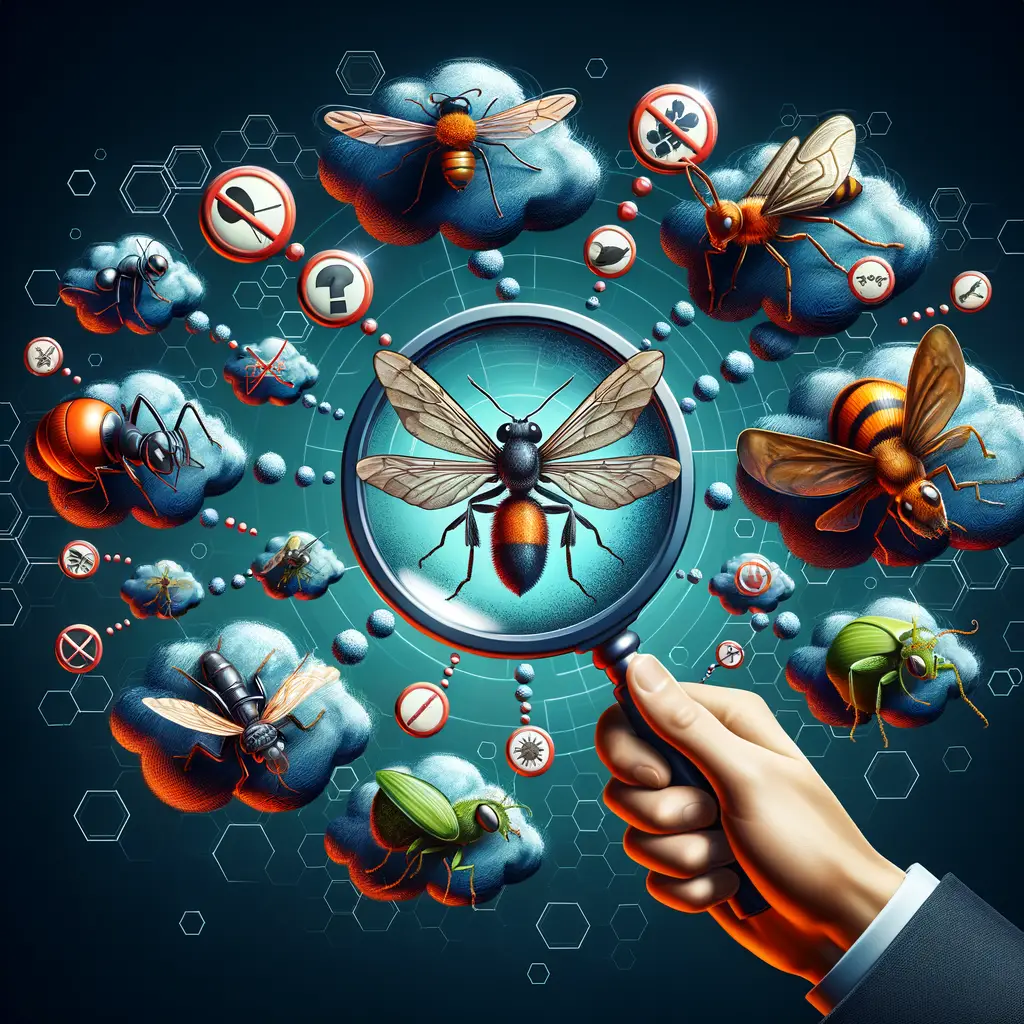 Debunking insect myths with a magnifying glass examining a variety of insects surrounded by thought bubbles of misconceptions being replaced with insect truths, symbolizing the transition from insect fiction to fact.