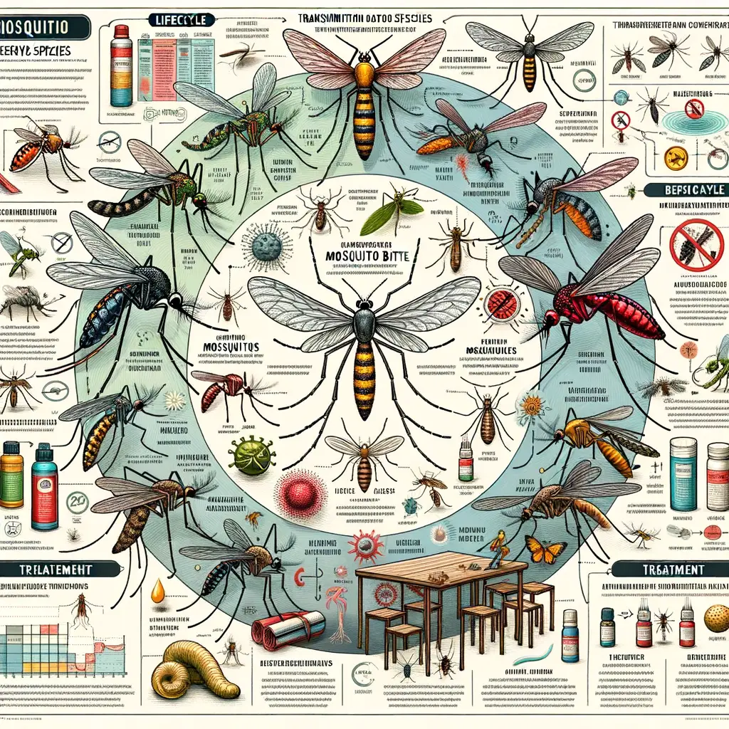 Infographic illustrating mosquito species, lifecycle, breeding habits, disease transmission, prevention methods, effective repellents, and bite treatment for understanding mosquito-borne illnesses.