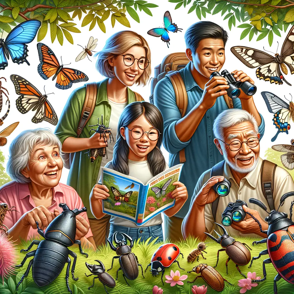 Insect tourism enthusiasts with binoculars and cameras, enjoying the world's best bug-watching spots filled with exotic insects, showcasing the thrill of entomology tourism and insect sightseeing.