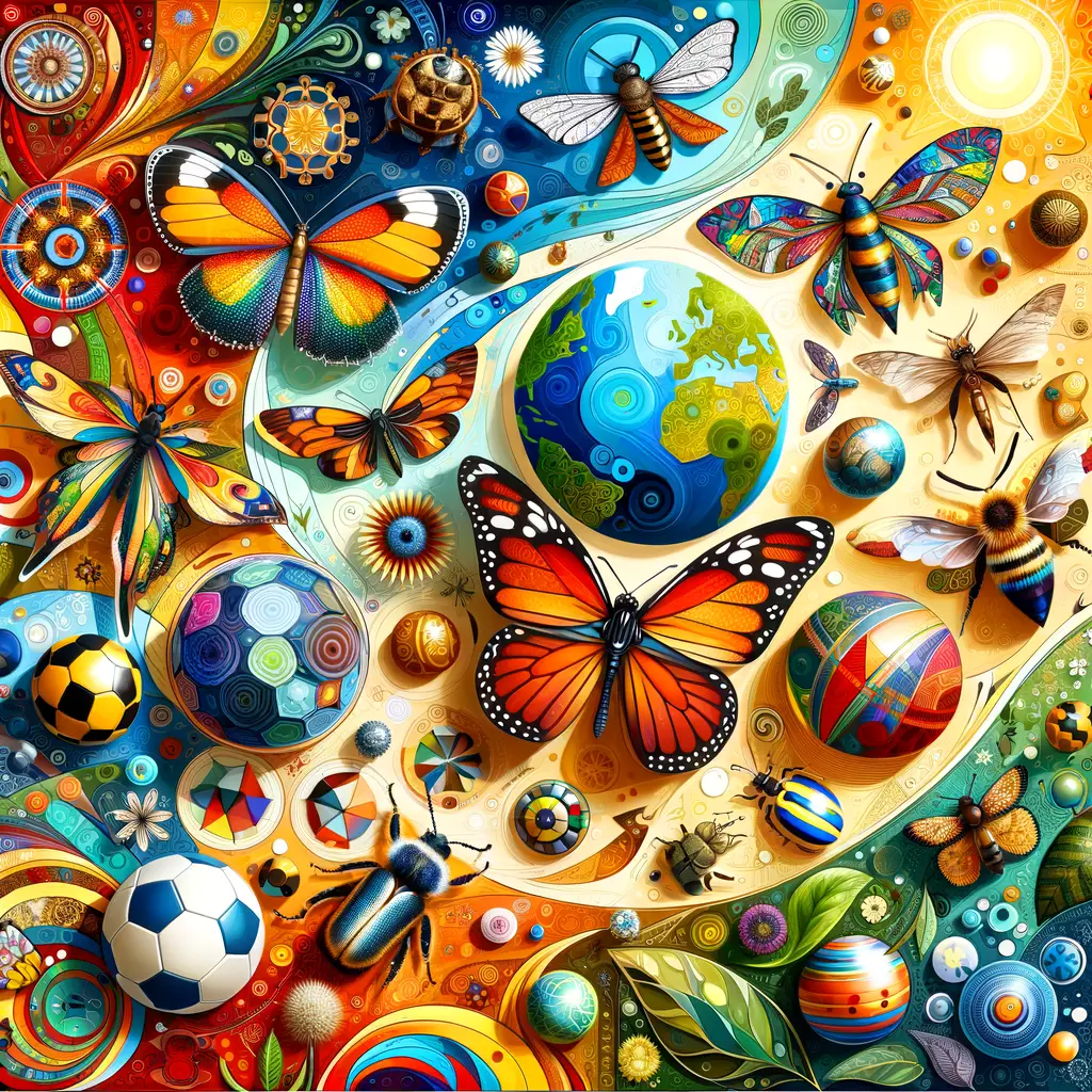 Vibrant collage of butterflies, beetles, and bees intertwined with global cultural symbols, illustrating the cultural importance of insects and their role in worldwide traditions.
