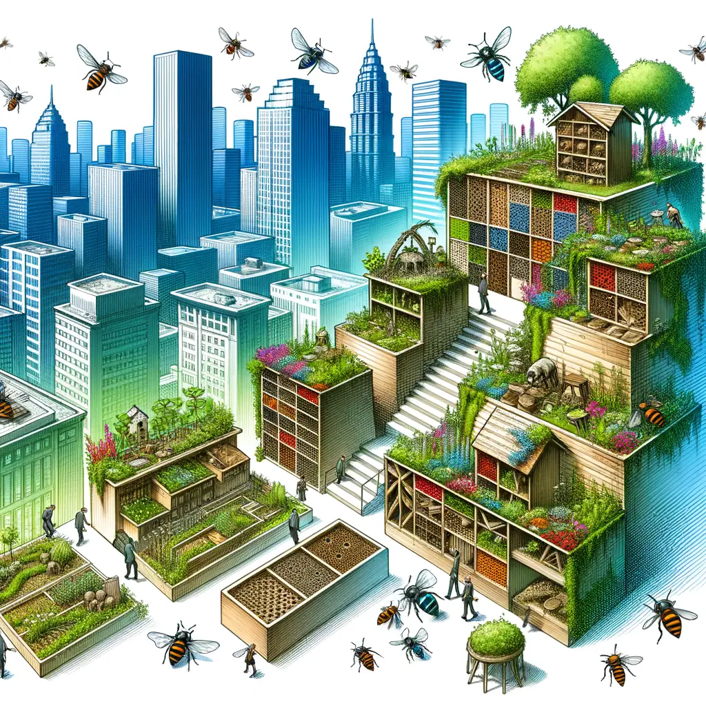 Urban insect habitats being created in a cityscape, showcasing urban entomology, insect-friendly designs, and promoting insect life in cities for urban biodiversity and insect conservation.