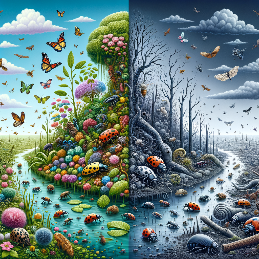 Split-view image illustrating the contrasting effects of climate change on insect populations, showcasing a thriving insect habitat versus a barren landscape due to global warming, highlighting the impact on biodiversity and potential insect extinction.