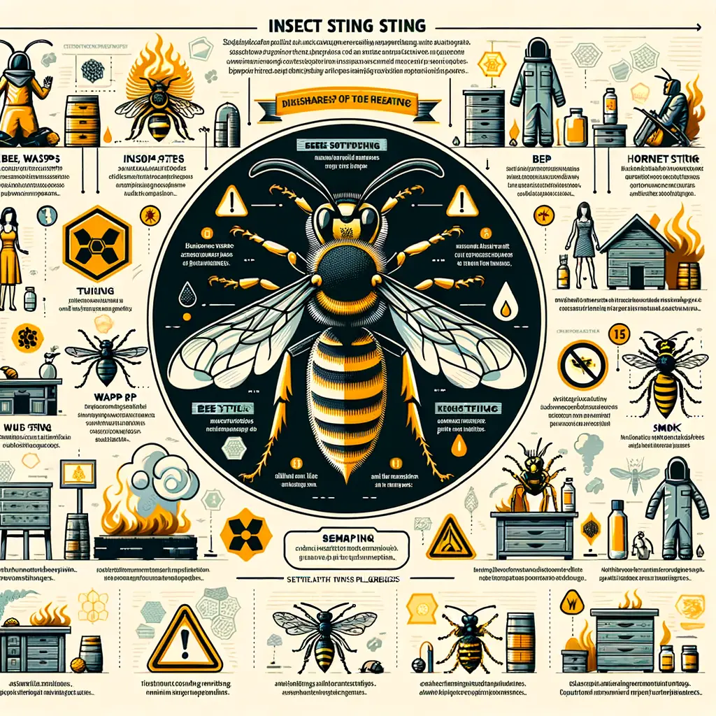 Infographic illustrating bee, wasp, and hornet stings differences, identification features, behaviors, treatments, beekeeping elements, and insect sting allergies for better understanding of insect stings.