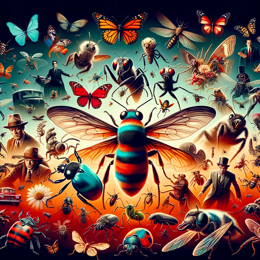 Collage of iconic scenes from insect-themed movies, showcasing the diversity of good, bad, and ugly insect characters in film for an article on insect symbolism in cinema.