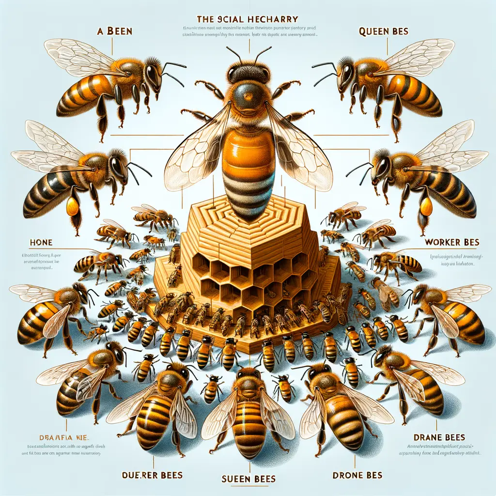 Bee social structure illustration highlighting honeybee hierarchy, role of queen bee, worker bees, drone bees, beehive structure, and bee colony behavior in their natural environment for an article on understanding the social system of bee colonies.