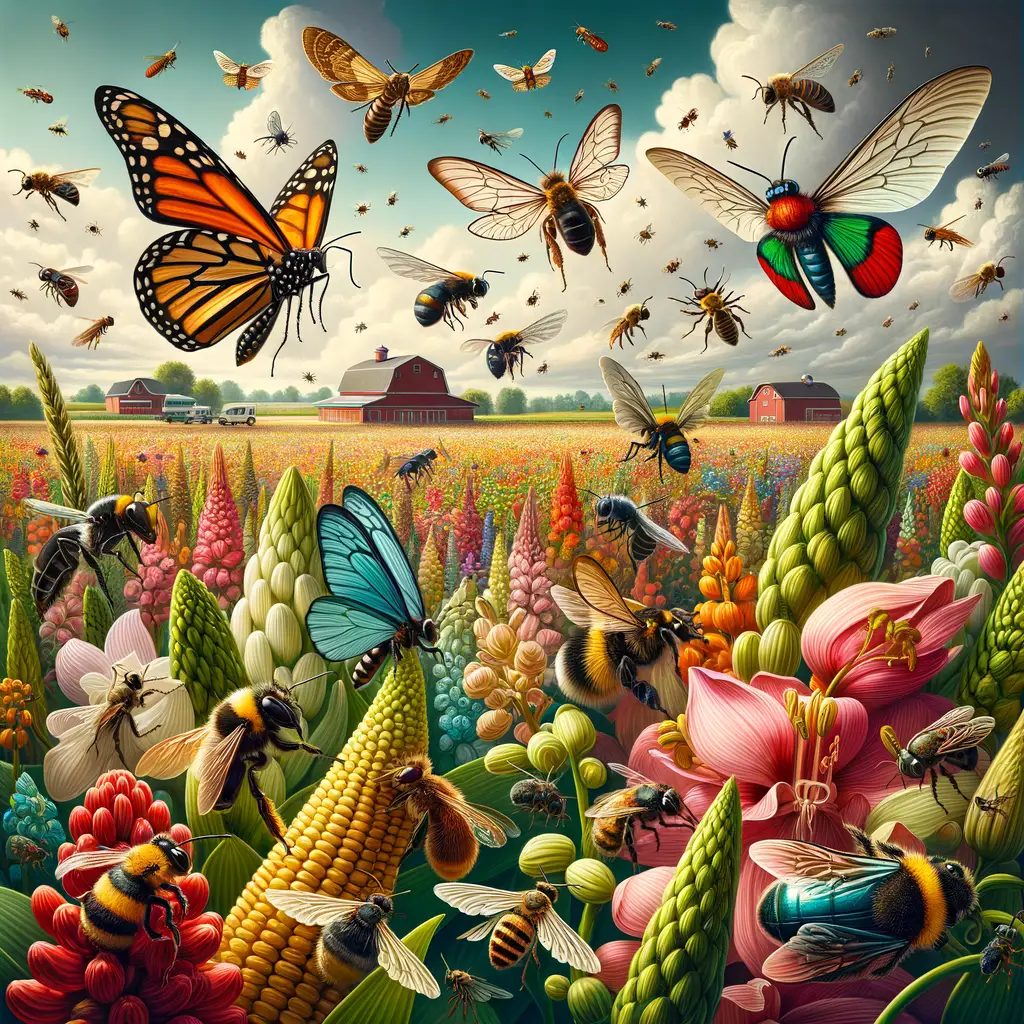 Illustration highlighting the importance of insect pollinators in agriculture, showcasing their role in farming and benefits to crop production, emphasizing the significance and impact of agricultural pollination.