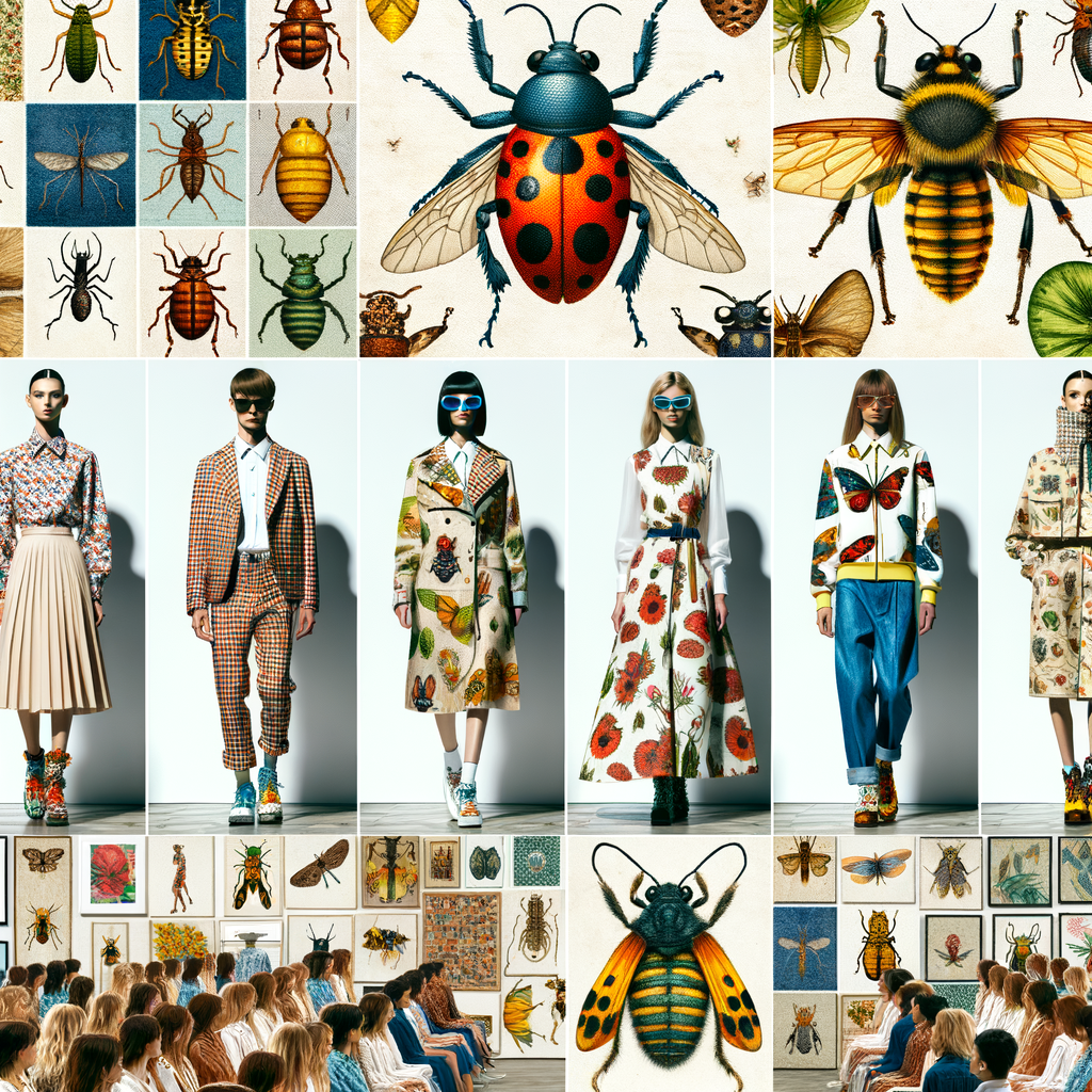 Models showcasing vibrant insect-inspired clothing and bug-inspired fashion, surrounded by insect-themed design elements and bug inspired home decor, reflecting the entomology fashion trend and nature-inspired fashion.