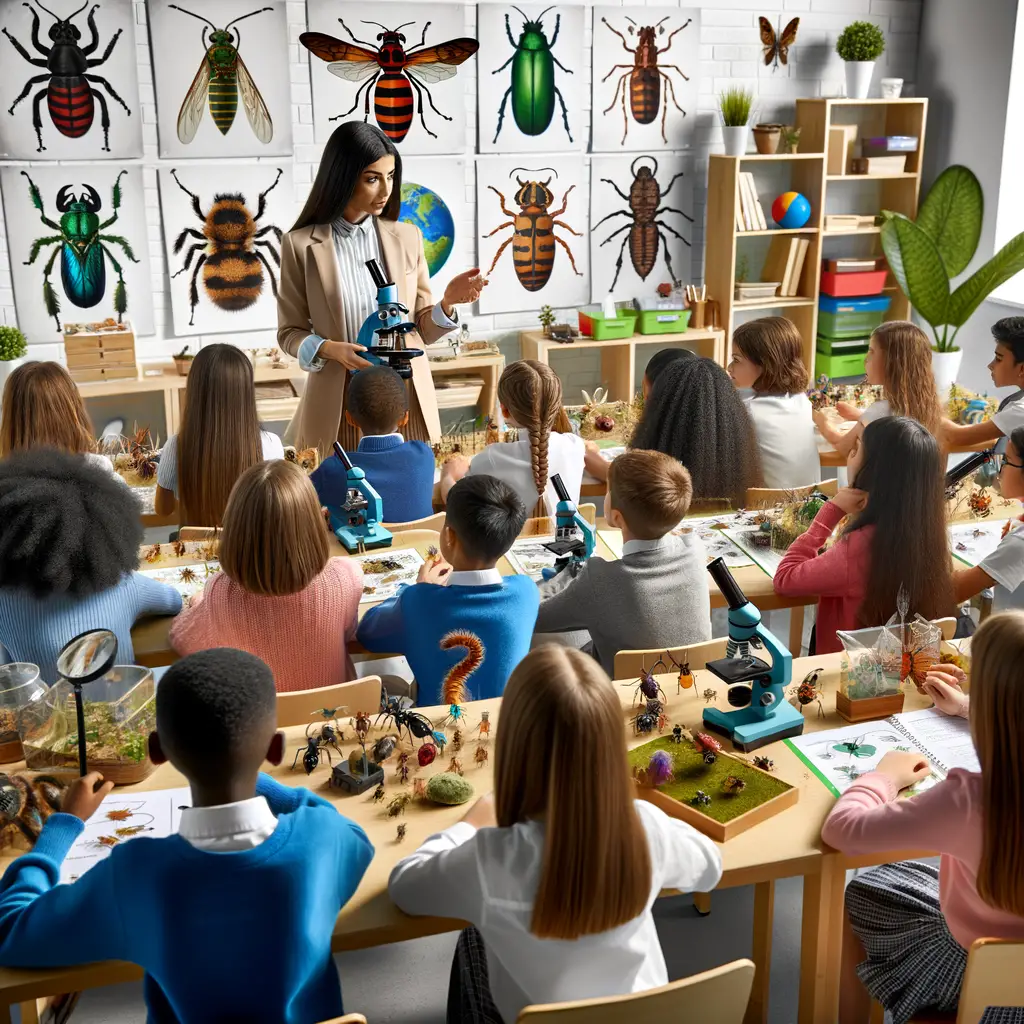 Students actively engaged in insect education in a vibrant classroom, using various insect learning resources like models, posters, and microscopes for detailed insect study, highlighting the importance of teaching about insects.