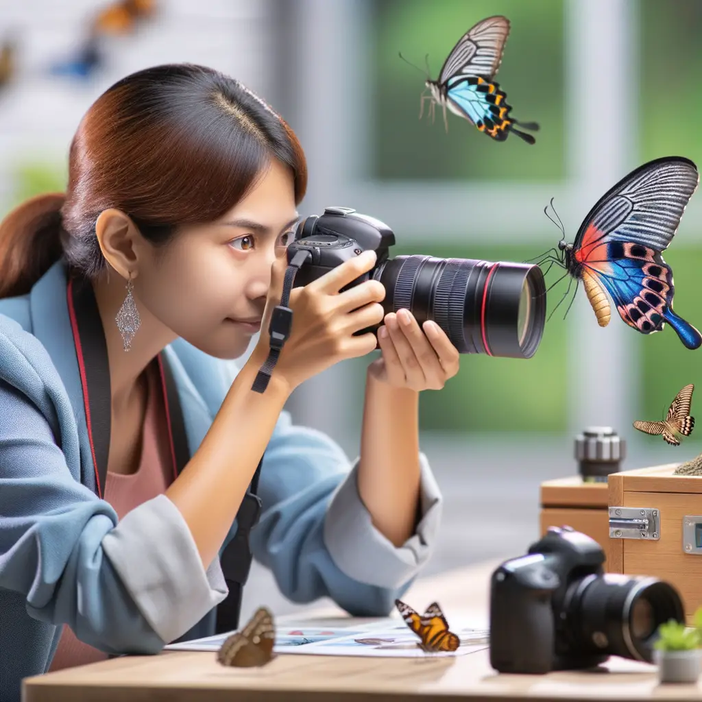 Professional insect photographer using advanced insect photography techniques and equipment to capture a close-up of a vibrant butterfly, demonstrating macro insect photography tips and settings from an insect photography guide and tutorial.