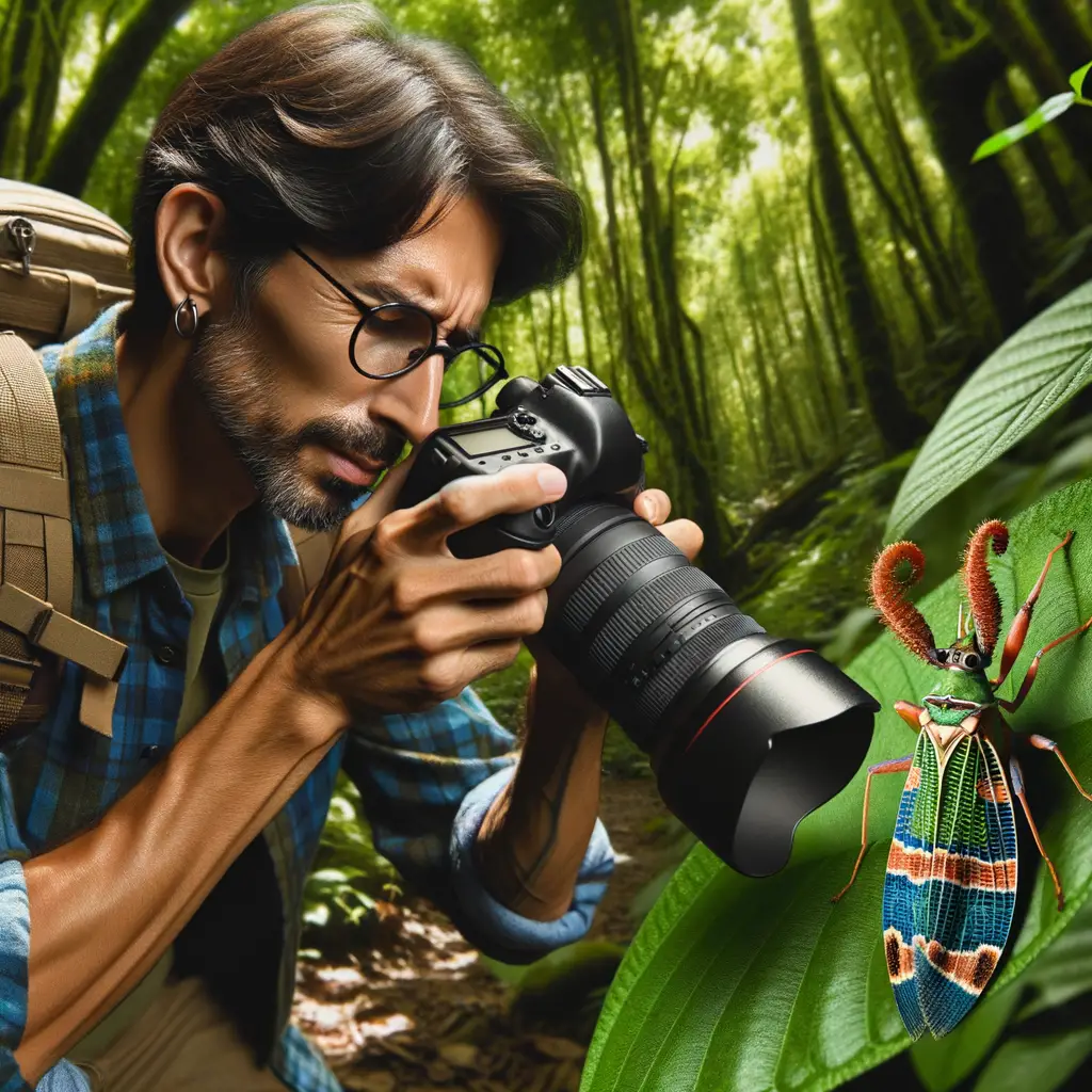 Professional photographer applying macro photography tips and techniques for photographing insects in a lush forest, capturing a vibrant insect on a leaf for a close-up insect photography guide.