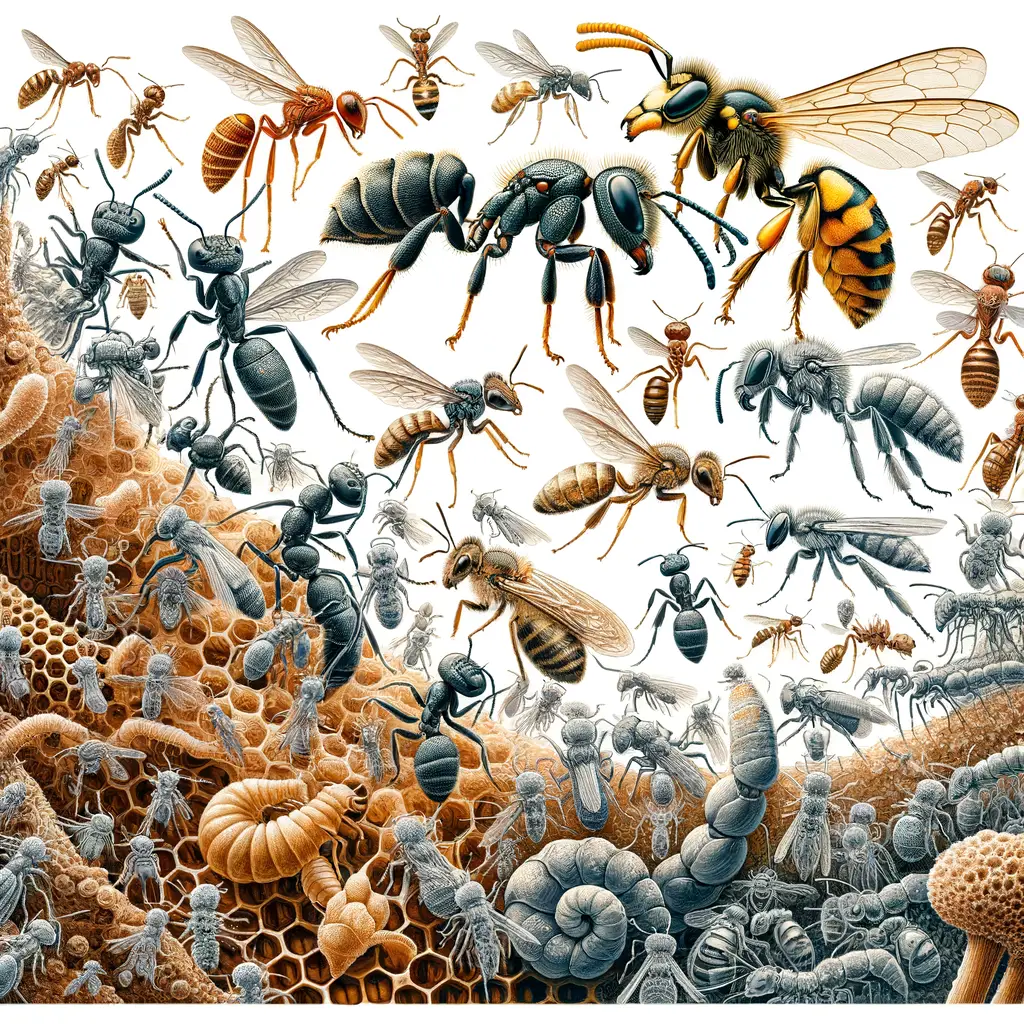 Scientific illustration of insect communication methods such as ant pheromones, bee waggle dances, and termite food exchange, highlighting the diversity of social behavior in insects and the importance of insect behavior studies.