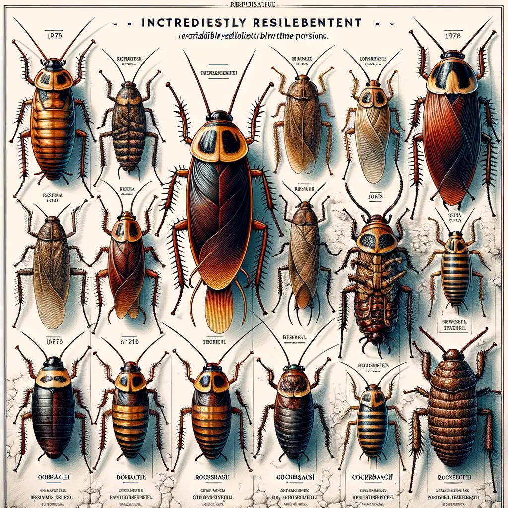 Vivid illustration of various cockroach species, highlighting their evolution, lifespan, and survival adaptations as ancient world insects, emphasizing their unique place in insect history and their role as surviving insects.