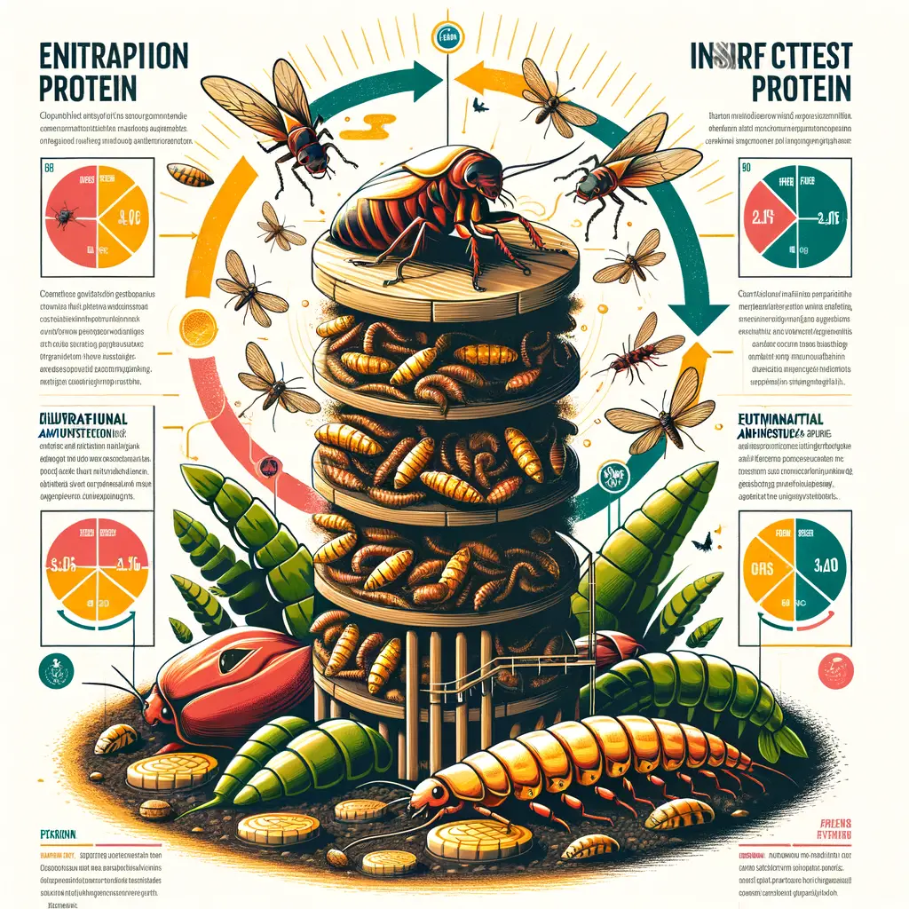 Infographic illustrating the sustainable future of insect farming for food, highlighting the nutritional value of edible insects, the environmental benefits, and a comparison of insect protein with traditional meat sources for an insect-based diet.