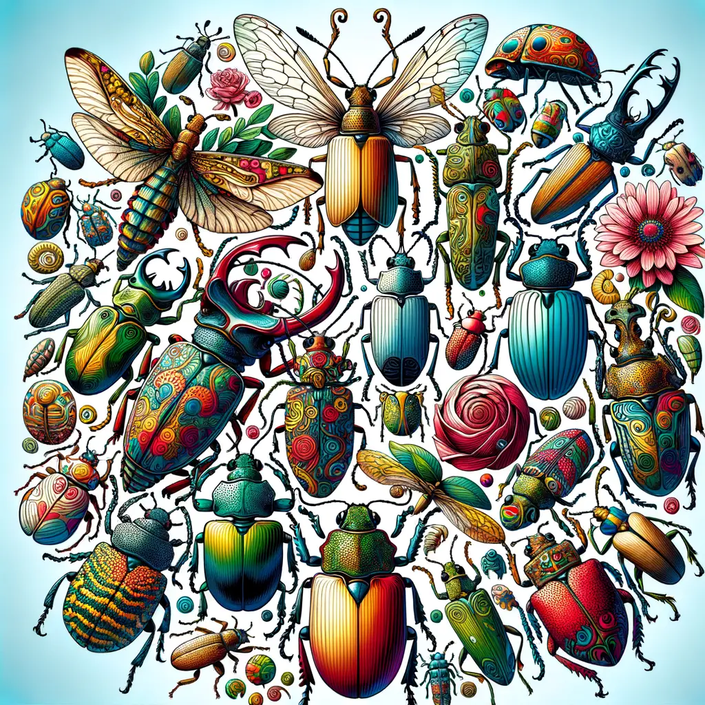 Vibrant illustration of beetle diversity showcasing colorful beetles of different species and types, highlighting the significance and importance of beetles in insect diversity and providing hints for beetle identification.