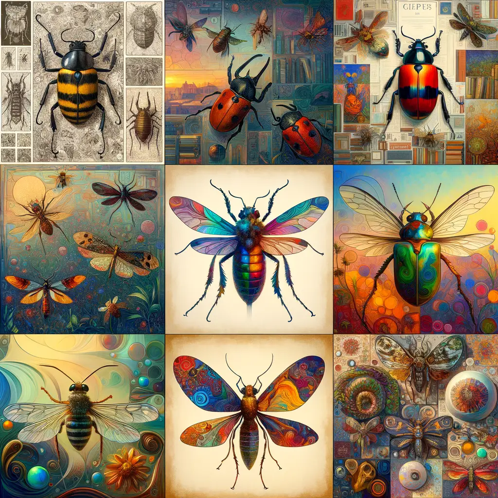 Stunning collage of diverse insect artwork, illustrations, and insect-themed books, representing bugs in literature and entomology in art, showcasing various styles of bug art and insect symbolism in literature.