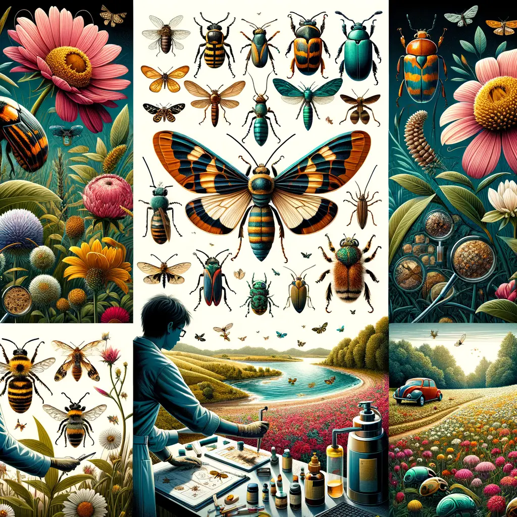 Illustration of various insect species in their habitats, showcasing insect biodiversity, conservation methods, threats, and the importance of preserving insect species for biodiversity conservation strategies.