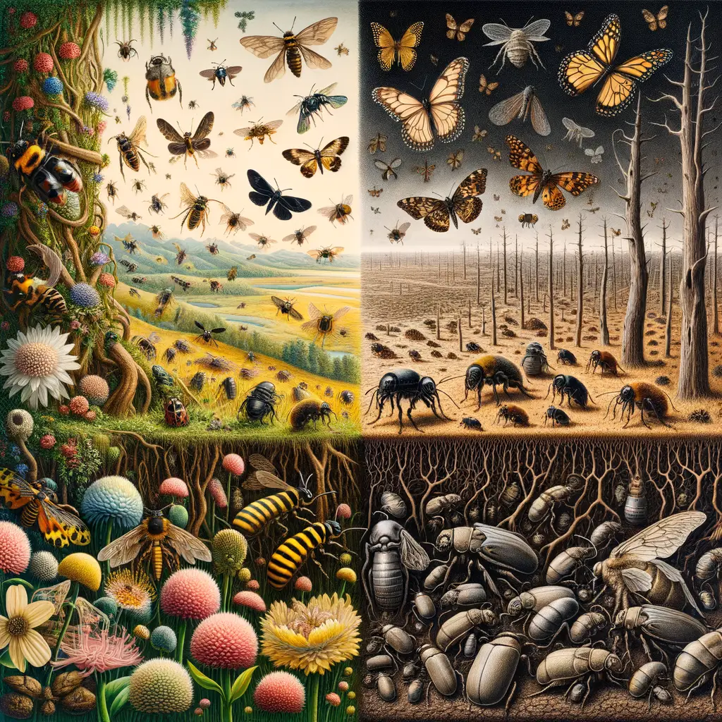 Contrasting image of insect species thriving in a biodiverse habitat and suffering in a barren landscape due to climate change, illustrating the impact of global warming on insect survival, extinction, and habitat loss.