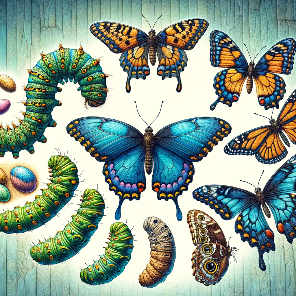 Vibrant illustration of butterfly lifecycle stages, showcasing the caterpillar to butterfly transformation, highlighting the butterfly metamorphosis and growth stages, and providing a comprehensive view of insect life cycles, particularly the lifecycle of butterflies.