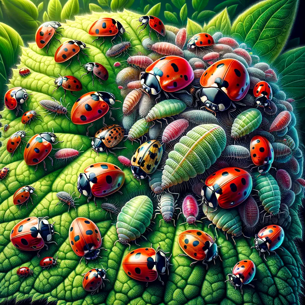 Various species of ladybugs in garden showcasing aphid control, benefits of ladybugs, their lifecycle stages, and methods of attracting them, highlighting ladybugs facts and their symbiotic relationship with aphids.