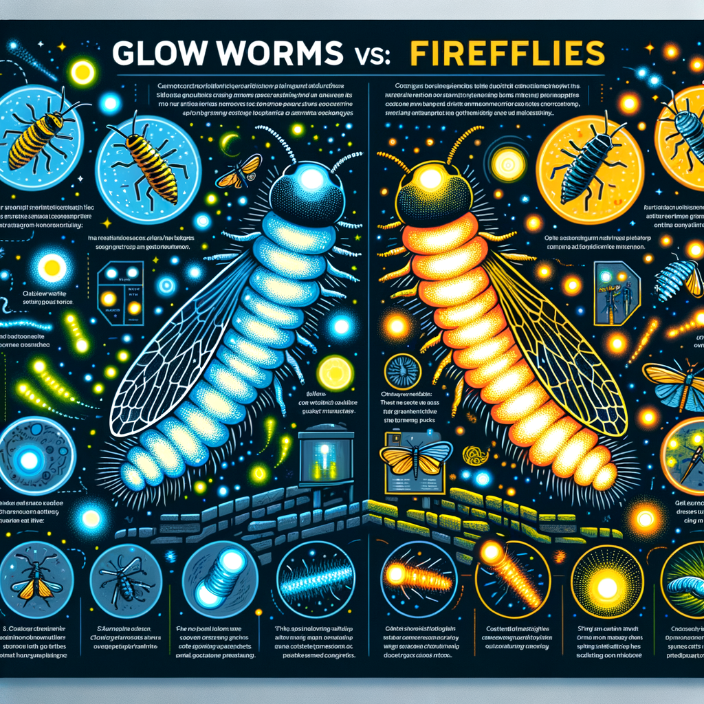 Infographic illustrating Glow Worms vs Fireflies comparison, highlighting differences in their bioluminescence, providing Glow Worms facts and Fireflies facts, and explaining Glow Worms illumination and Fireflies illumination for better understanding of these night insects.