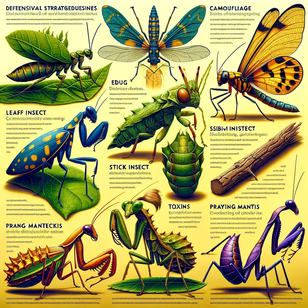 Insect defense strategies illustration featuring camouflage in insects, insect toxins, and survival mechanisms for an article on insect survival tactics, defensive behavior, protective mechanisms, and adaptations for defense.