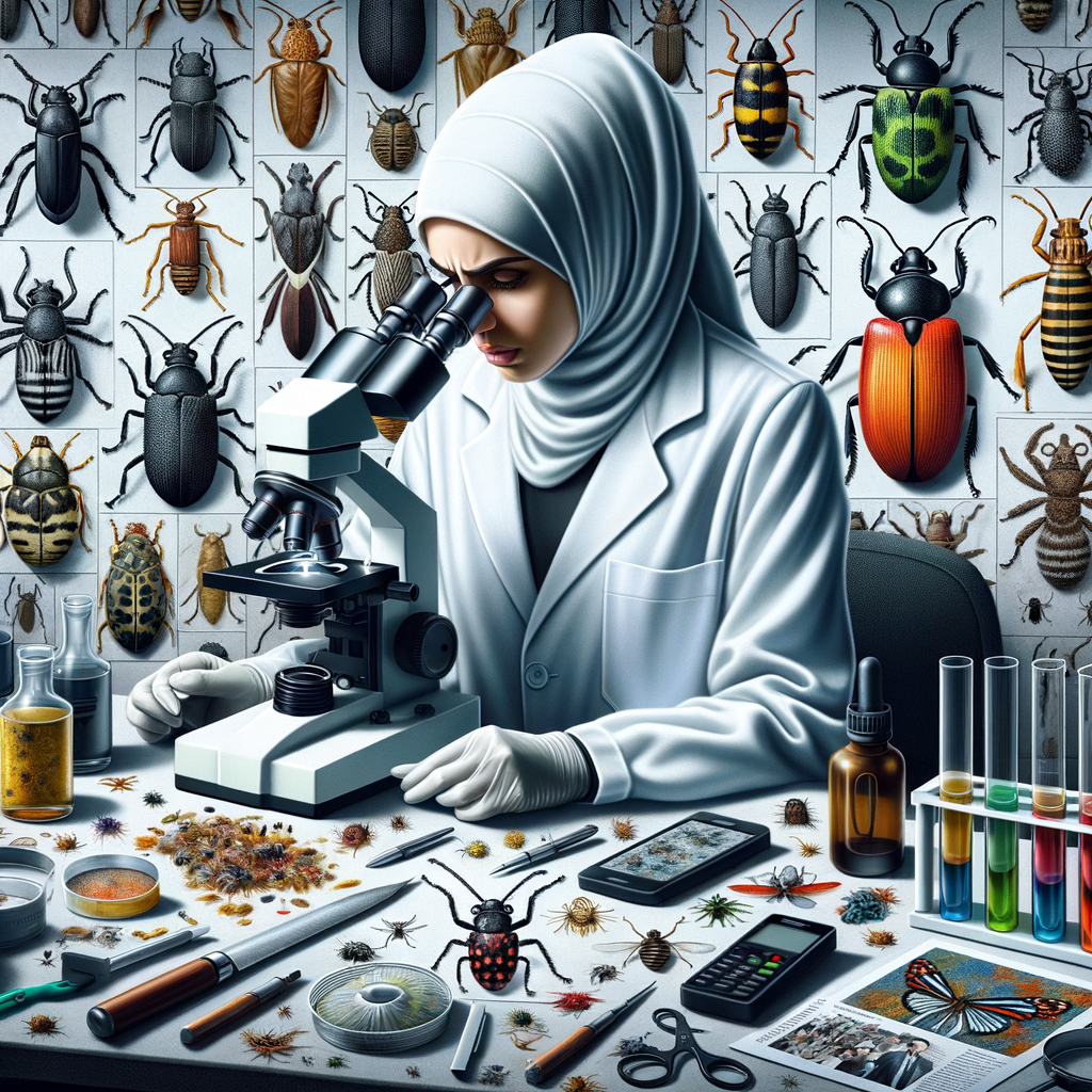 Forensic entomologist studying insects under a microscope, demonstrating the use of insects in crime scene investigation and the role of bugs in forensic science.