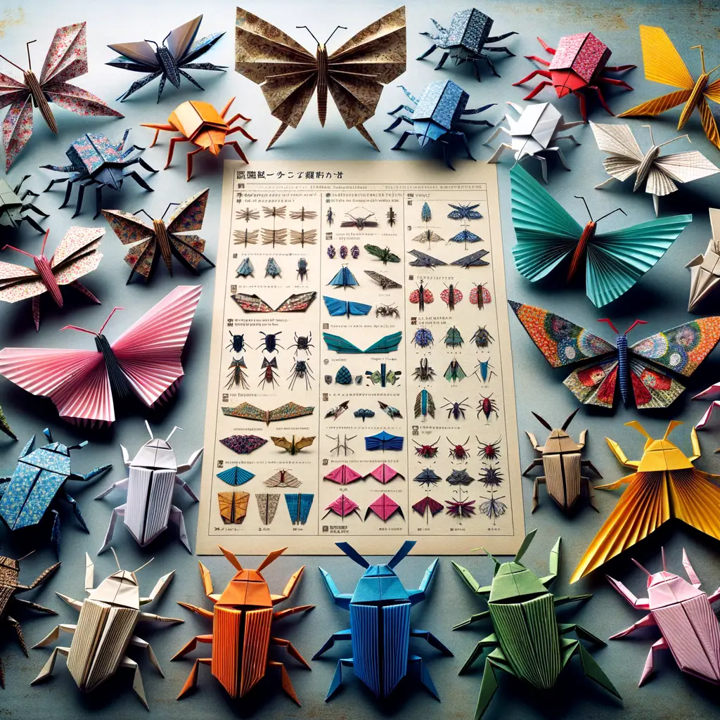 Japanese origami art tutorial showcasing the process of creating intricate DIY origami insects using various paper folding techniques and patterns.