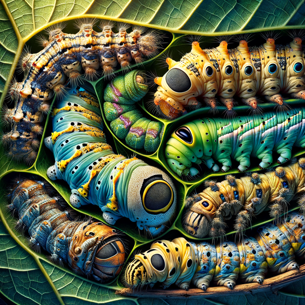Various types of camouflaging caterpillars demonstrating their masterful insect camouflage strategies and survival tactics in nature, highlighting caterpillar adaptations and defense mechanisms.