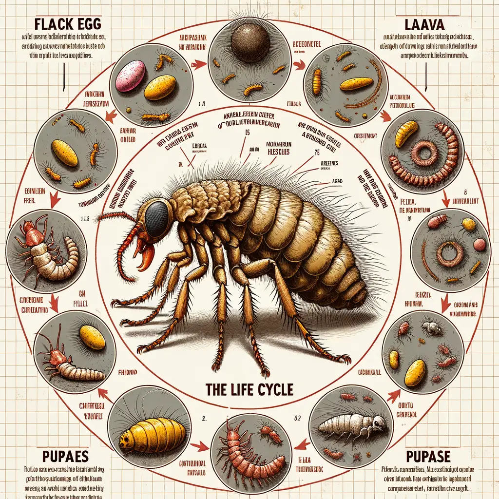 Infographic illustrating flea life cycle stages, development, behavior, lifespan, reproduction process, flea eggs and larvae, pupae and adults, infestation cycle, and life cycle control methods for a better understanding of the lifecycle of common fleas.