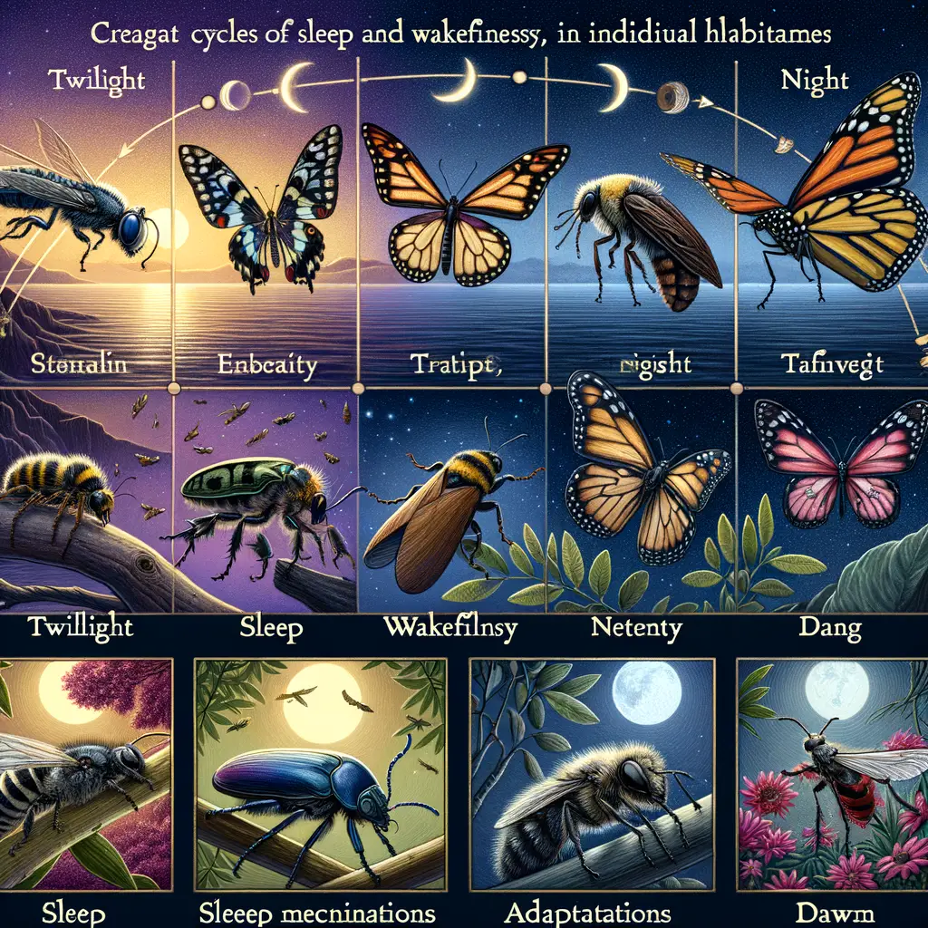 Intricate illustration of diverse insect species showcasing unique sleep patterns, sleep mechanisms, and adaptations, highlighting latest insect sleep research and studies for understanding sleep behavior in insects.
