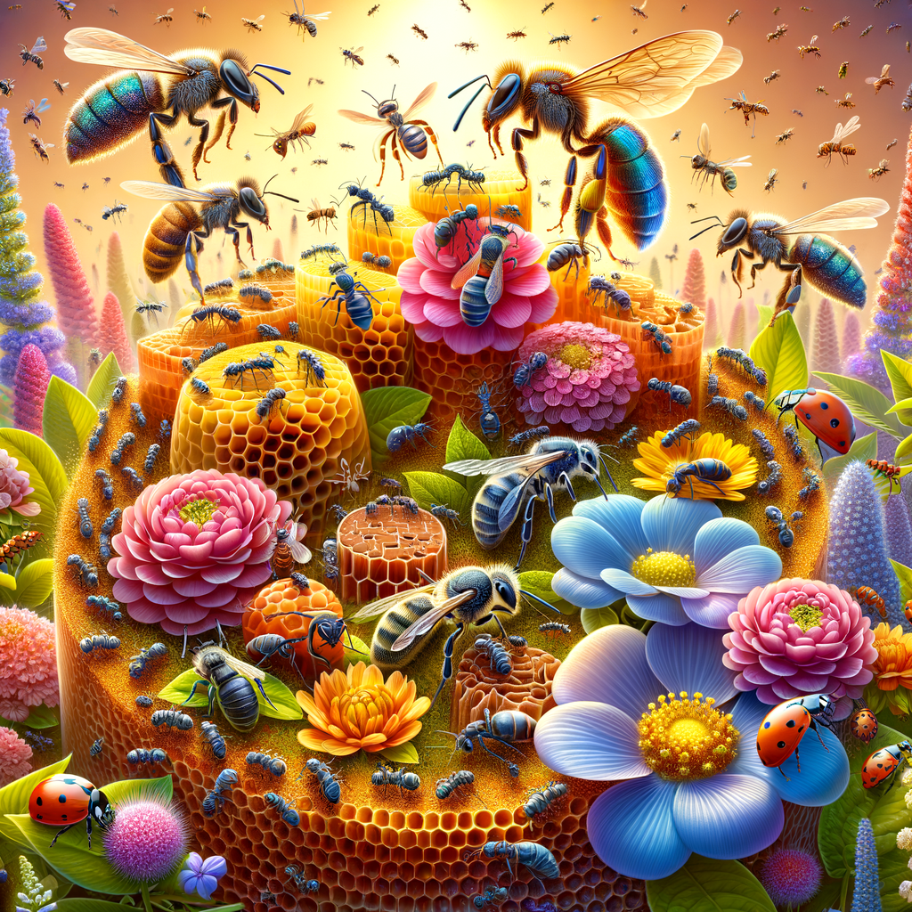 Insect heroes like bees, ants, and ladybugs showcasing their life-saving roles in nature, highlighting the benefits and importance of bugs in maintaining ecological balance for human life.