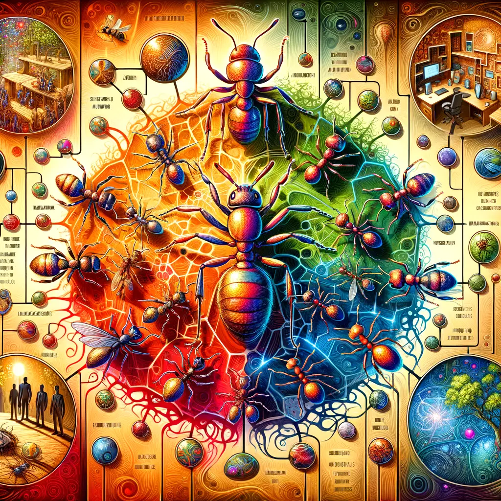Vibrant illustration of an ant superorganism showcasing ant colonies, ant behavior, and ant society, emphasizing the relationship between ants and humans, and the role of ants in our ecosystem for better understanding of ants living among us.