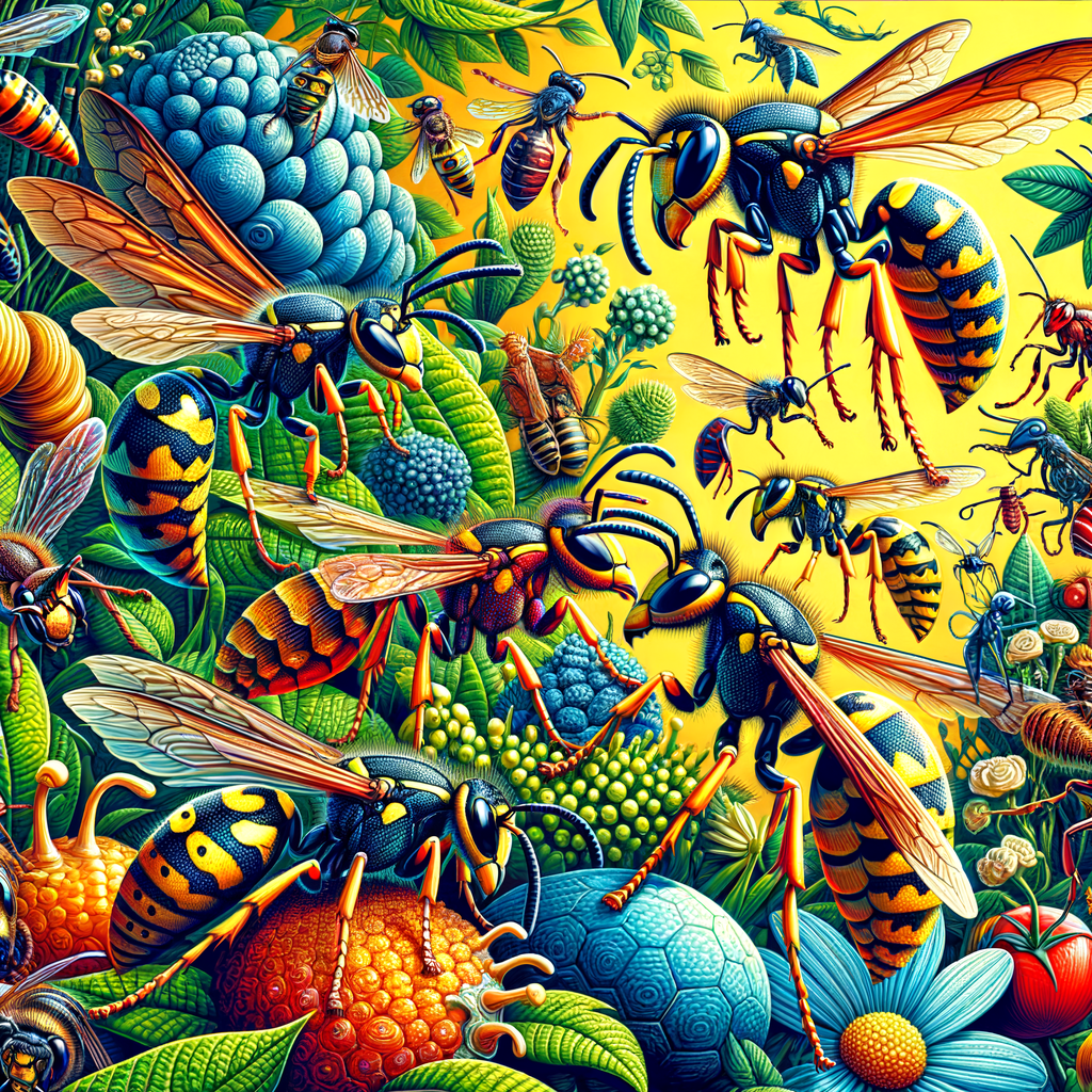 Various wasp species in their natural habitat illustrating the importance of wasps in maintaining ecosystem balance, contributing to biodiversity, playing a part in the food chain, and their vital role in pollination and pest control.