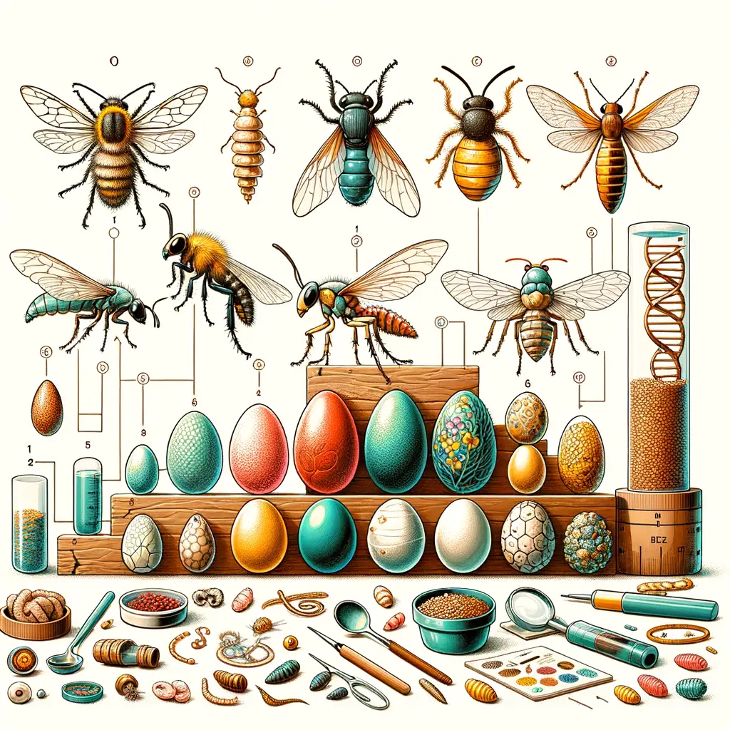 Vibrant illustration of insect egg development and life cycle, showcasing types of insect eggs, insect reproduction, entomology, insect egg hatching, identification, morphology, and laying behavior for insect enthusiasts.