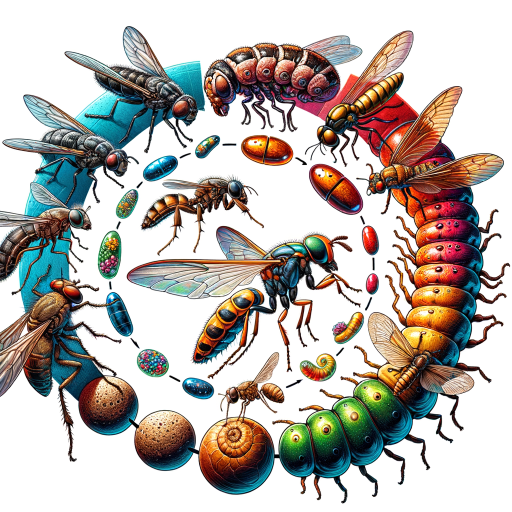 Vivid illustration of unique insect breeding habits, highlighting various stages of the insect reproduction cycle, unusual reproduction methods, and diverse insect mating strategies for an article on insect fertility strategies.