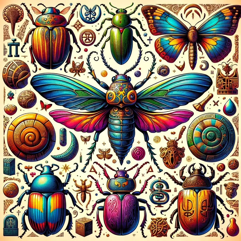 Vibrant illustration of mythological insects such as beetles, butterflies, and bees, highlighting their importance and symbolism in ancient myths, folklore, and cultural and religious mythology.