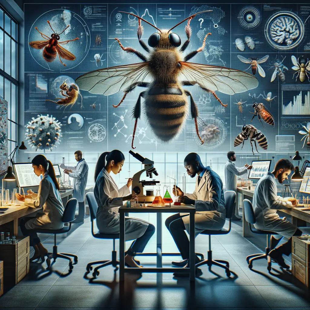 Scientists conducting entomology research in a modern laboratory, employing insect-based research methods and studying insects under microscopes, illustrating the role and benefits of using insects in scientific research studies.